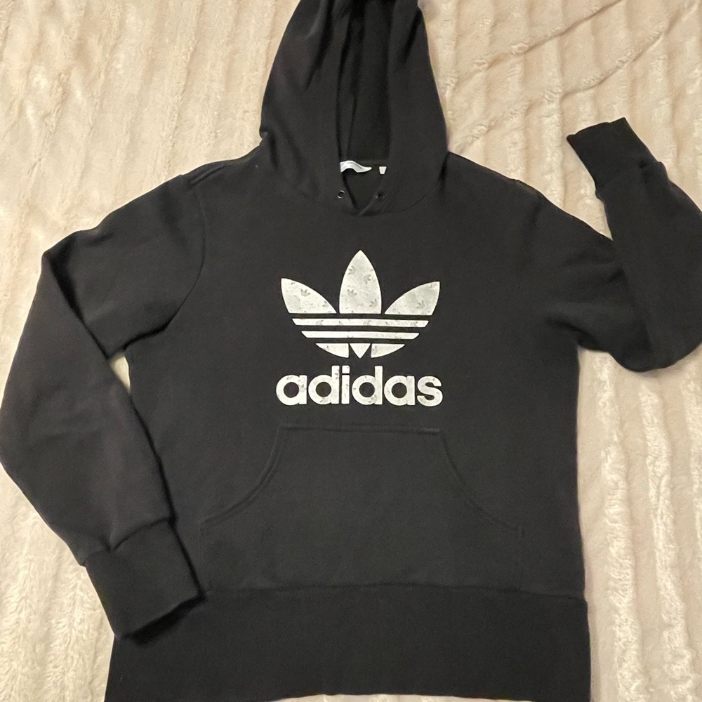 black and silver adidas hoodie sweatshirt - size large, but fits smaller.